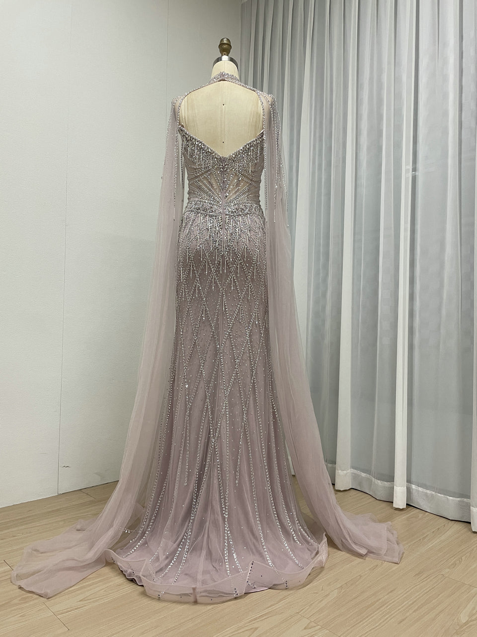 Hot Selling Illusion High-Neck Crystal Beaded Pink Long Evening Dress With Cape Sleeve MC20160