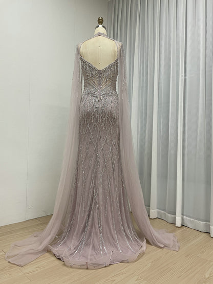 Hot Selling Illusion High-Neck Crystal Beaded Pink Long Evening Dress With Cape Sleeve MC20160