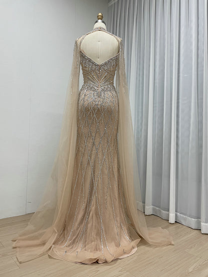 Hot Selling Illusion High-Neck Crystal Beaded Pink Long Evening Dress With Cape Sleeve MC20160