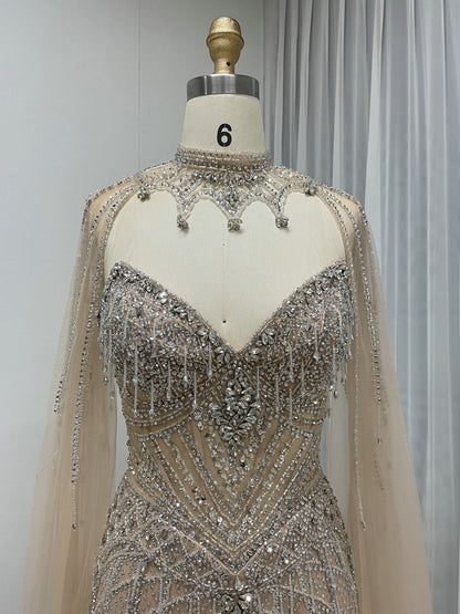 Hot Selling Illusion High-Neck Crystal Beaded Pink Long Evening Dress With Cape Sleeve MC20160