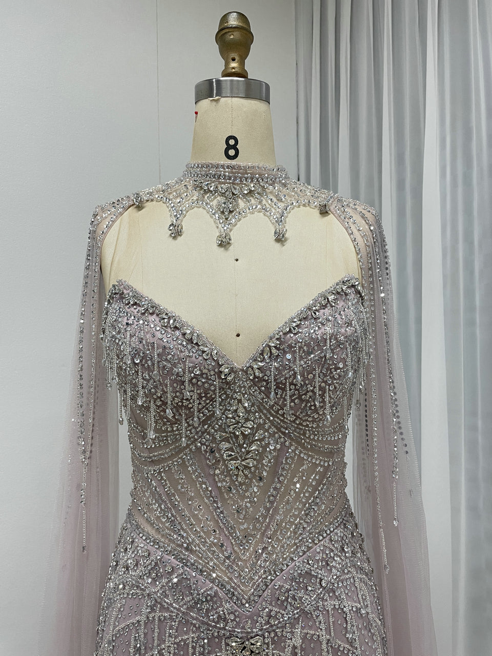 Hot Selling Illusion High-Neck Crystal Beaded Pink Long Evening Dress With Cape Sleeve MC20160