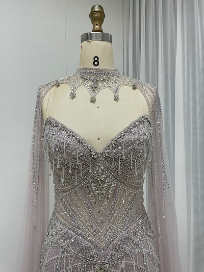 Hot Selling Illusion High-Neck Crystal Beaded Pink Long Evening Dress With Cape Sleeve MC20160