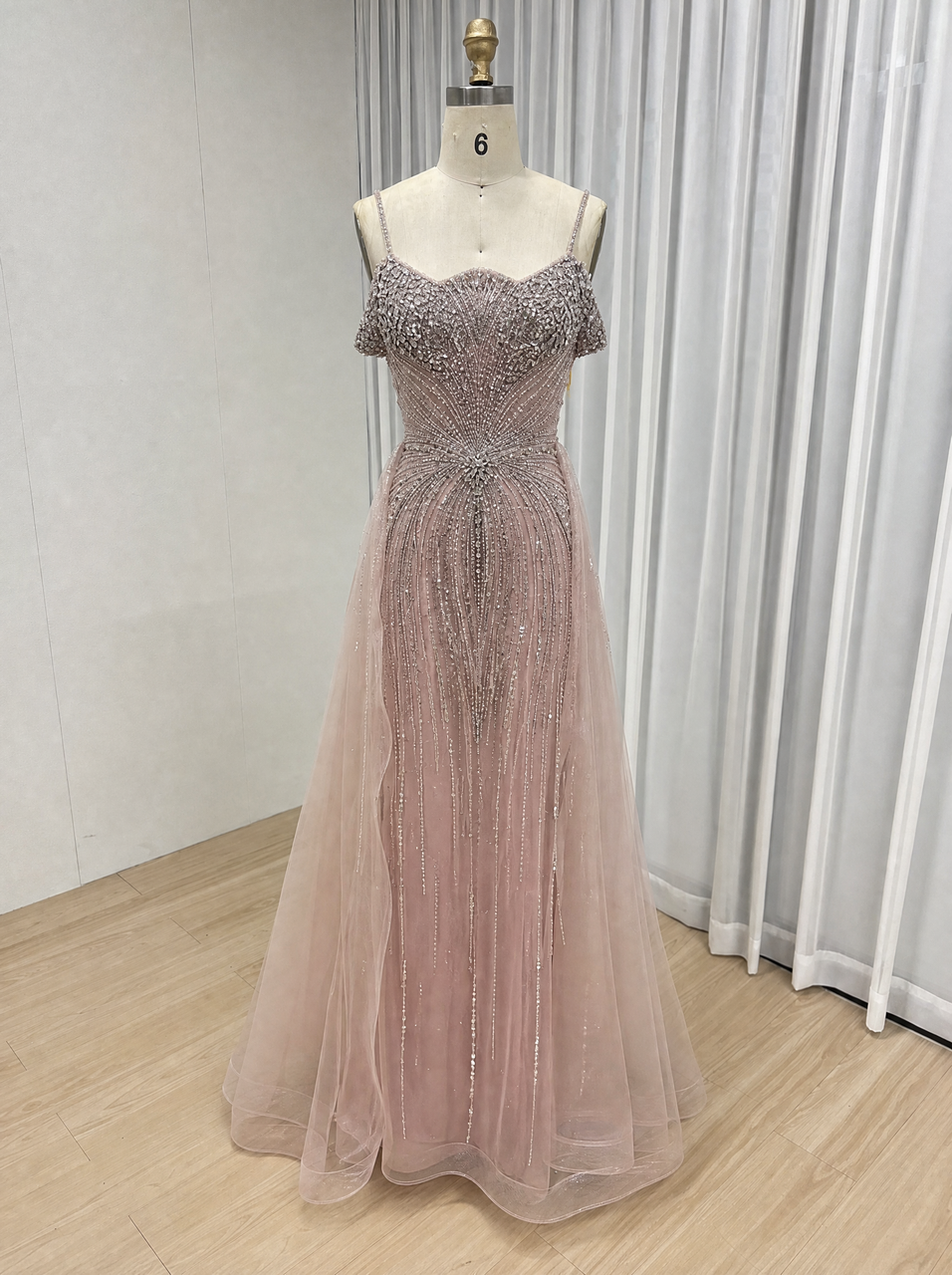 Luxury Champagne Beaded Cold Shoulder Evening Gown with Tulle Overskirt MC20167