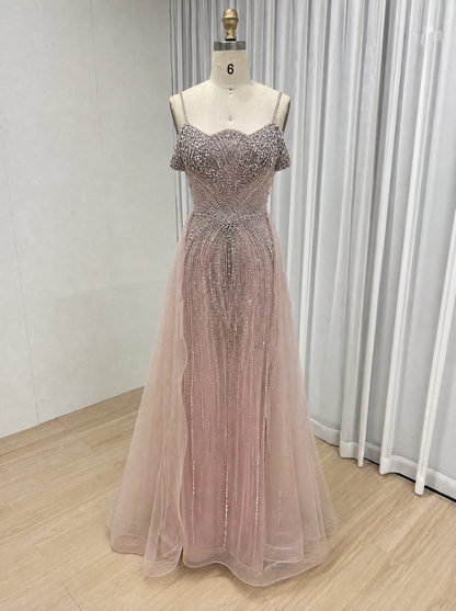 Luxury Champagne Beaded Cold Shoulder Evening Gown with Tulle Overskirt MC20167