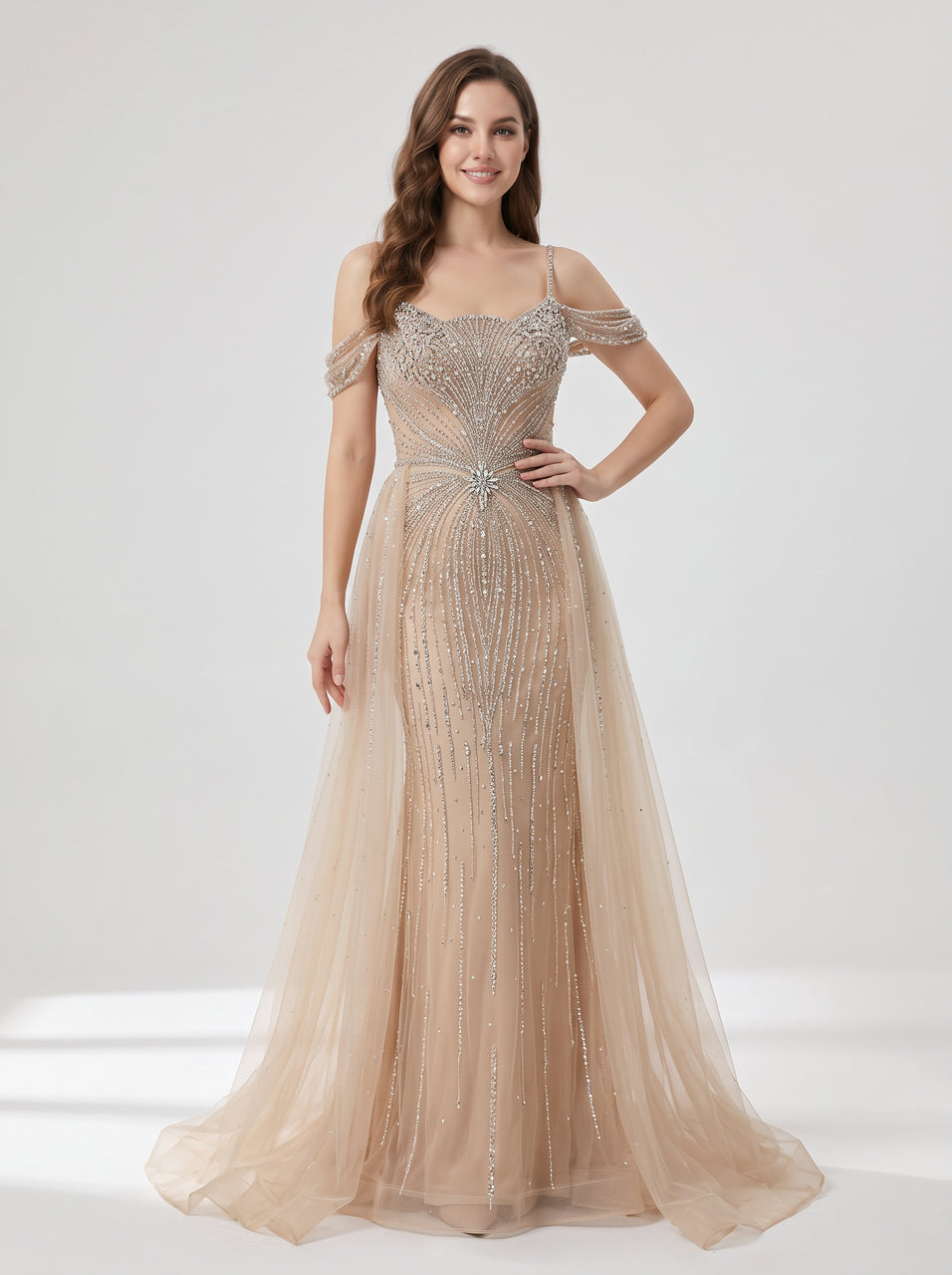 Luxury Champagne Beaded Cold Shoulder Evening Gown with Tulle Overskirt MC20167
