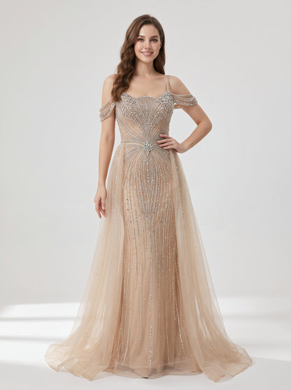Luxury Champagne Beaded Cold Shoulder Evening Gown with Tulle Overskirt MC20167