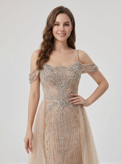 Luxury Champagne Beaded Cold Shoulder Evening Gown with Tulle Overskirt MC20167
