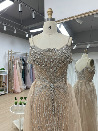 Luxury Champagne Beaded Cold Shoulder Evening Gown with Tulle Overskirt MC20167
