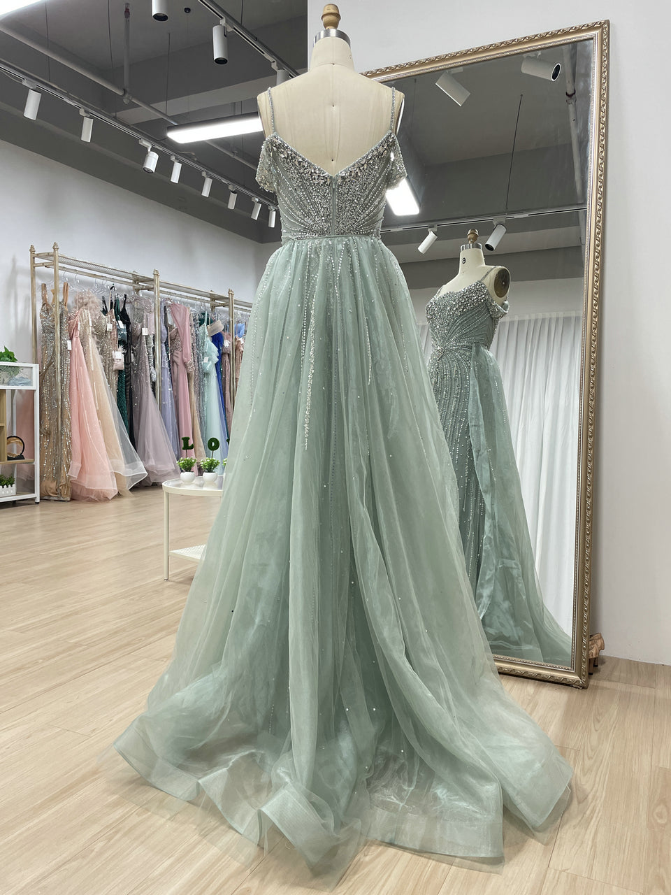 Luxury Champagne Beaded Cold Shoulder Evening Gown with Tulle Overskirt MC20167
