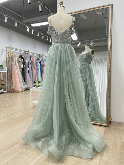 Luxury Champagne Beaded Cold Shoulder Evening Gown with Tulle Overskirt MC20167