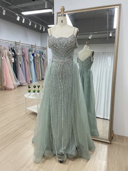 Luxury Champagne Beaded Cold Shoulder Evening Gown with Tulle Overskirt MC20167