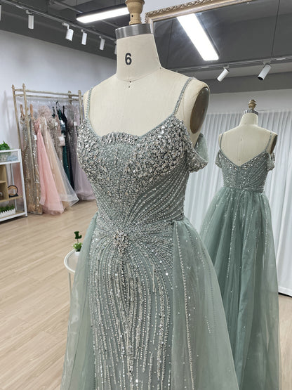 Luxury Champagne Beaded Cold Shoulder Evening Gown with Tulle Overskirt MC20167