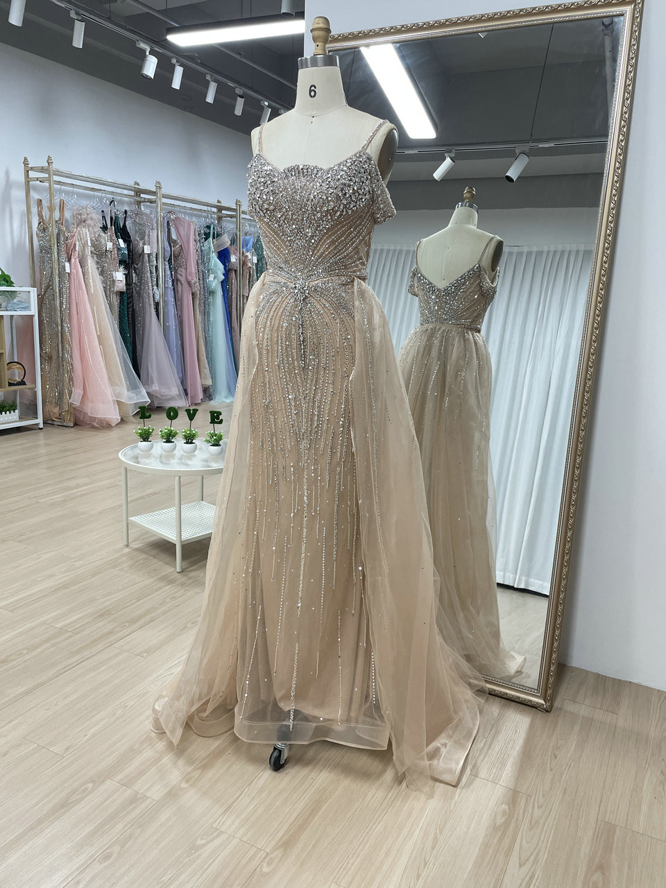 Luxury Champagne Beaded Cold Shoulder Evening Gown with Tulle Overskirt MC20167