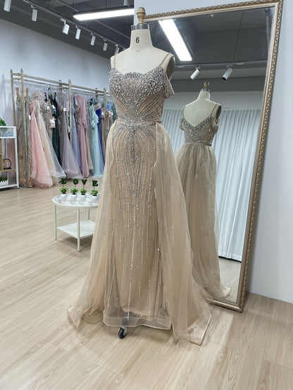 Luxury Champagne Beaded Cold Shoulder Evening Gown with Tulle Overskirt MC20167