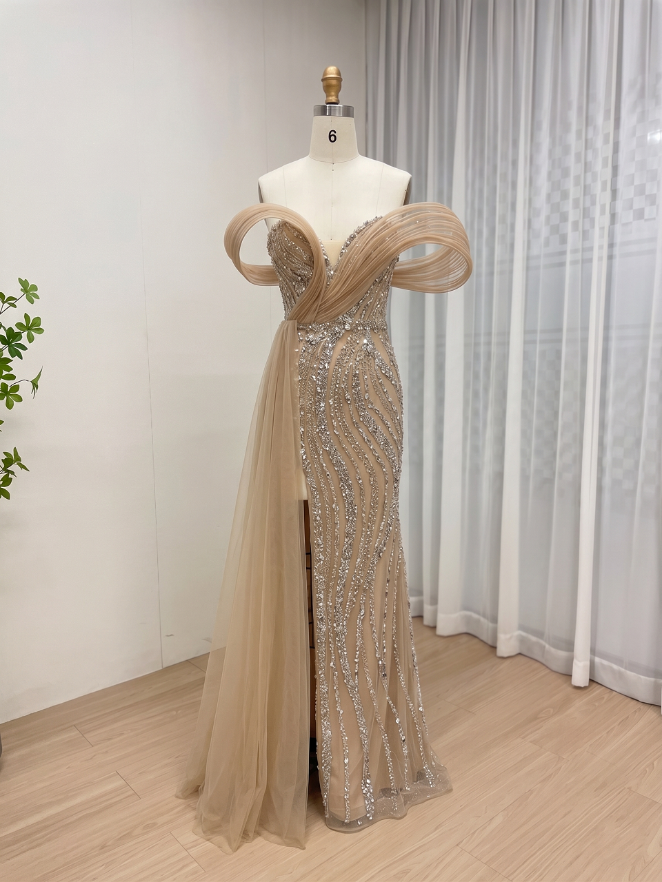 Champagne Crystal Beaded Evening Gown with Sculptural Sleeves and Side Train MC20179