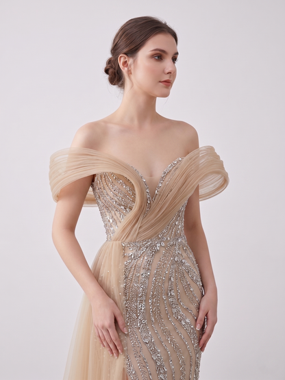 Champagne Crystal Beaded Evening Gown with Sculptural Sleeves and Side Train MC20179
