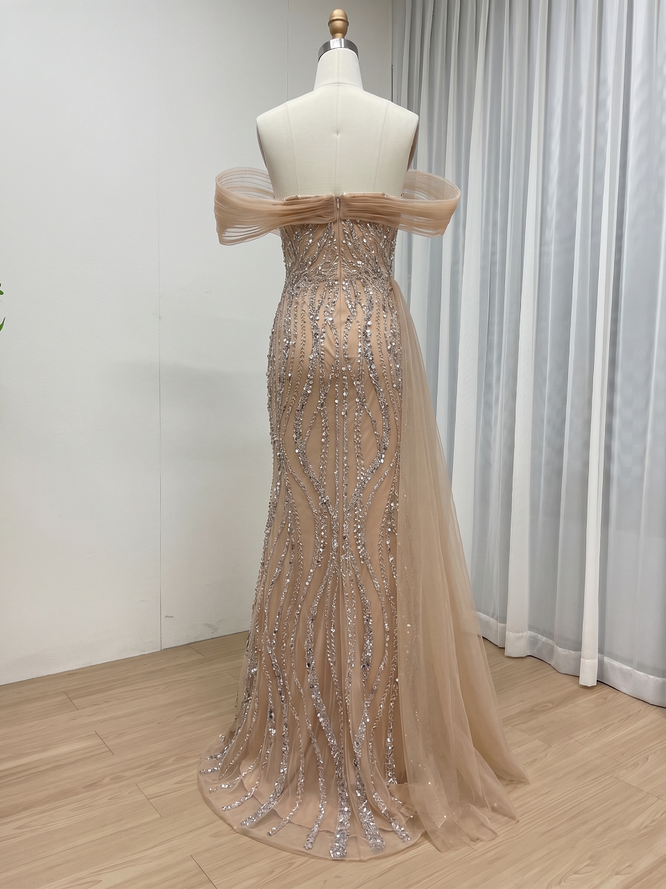 Champagne Crystal Beaded Evening Gown with Sculptural Sleeves and Side Train MC20179