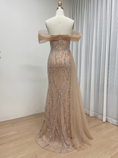 Champagne Crystal Beaded Evening Gown with Sculptural Sleeves and Side Train MC20179