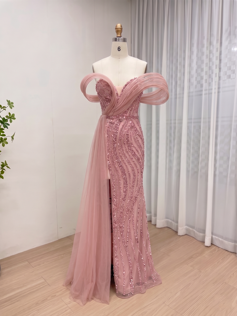 Champagne Crystal Beaded Evening Gown with Sculptural Sleeves and Side Train MC20179
