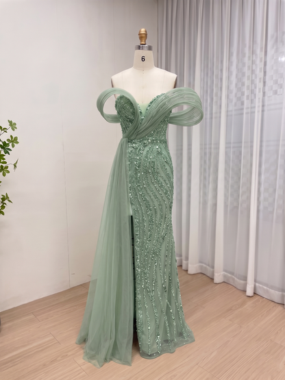 Champagne Crystal Beaded Evening Gown with Sculptural Sleeves and Side Train MC20179