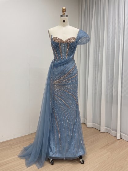 Champagne Couture Formal Gown with Beaded Corset Bodice and Flowing Train MC20180