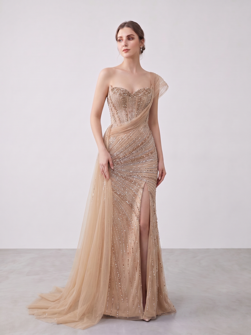 Champagne crystal beaded one shoulder evening gown with corset bodice, high slit and detachable tulle train