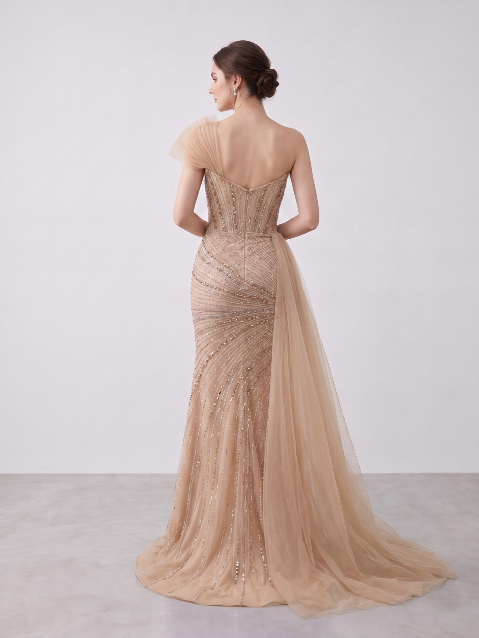 Champagne Couture Formal Gown with Beaded Corset Bodice and Flowing Train MC20180