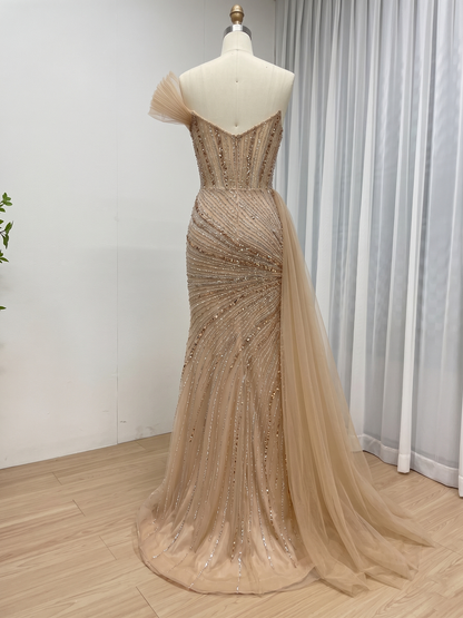 Champagne Couture Formal Gown with Beaded Corset Bodice and Flowing Train MC20180
