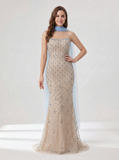 Champagne & Blue Beaded Strapless Evening Gown with Chiffon Neck Scarf MC20182