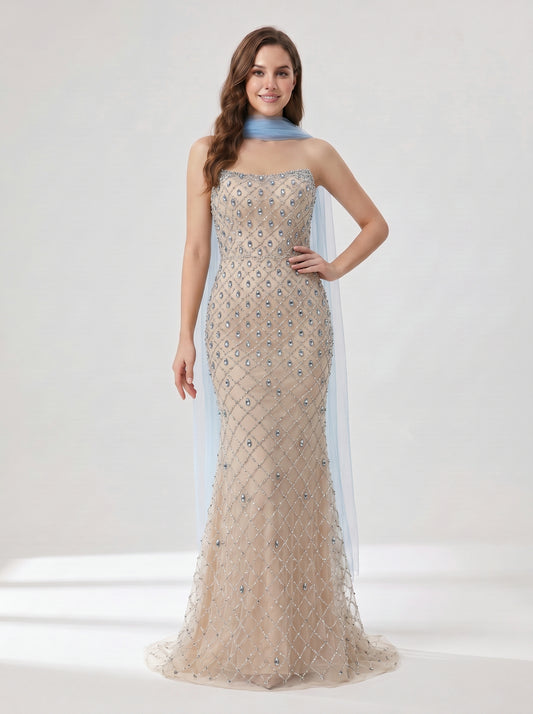 Champagne & Blue Beaded Strapless Evening Gown with Chiffon Neck Scarf MC20182