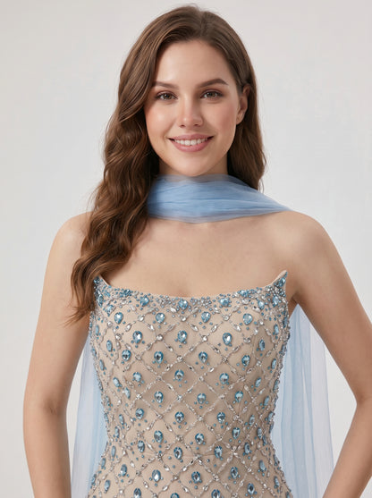 Champagne & Blue Beaded Strapless Evening Gown with Chiffon Neck Scarf MC20182