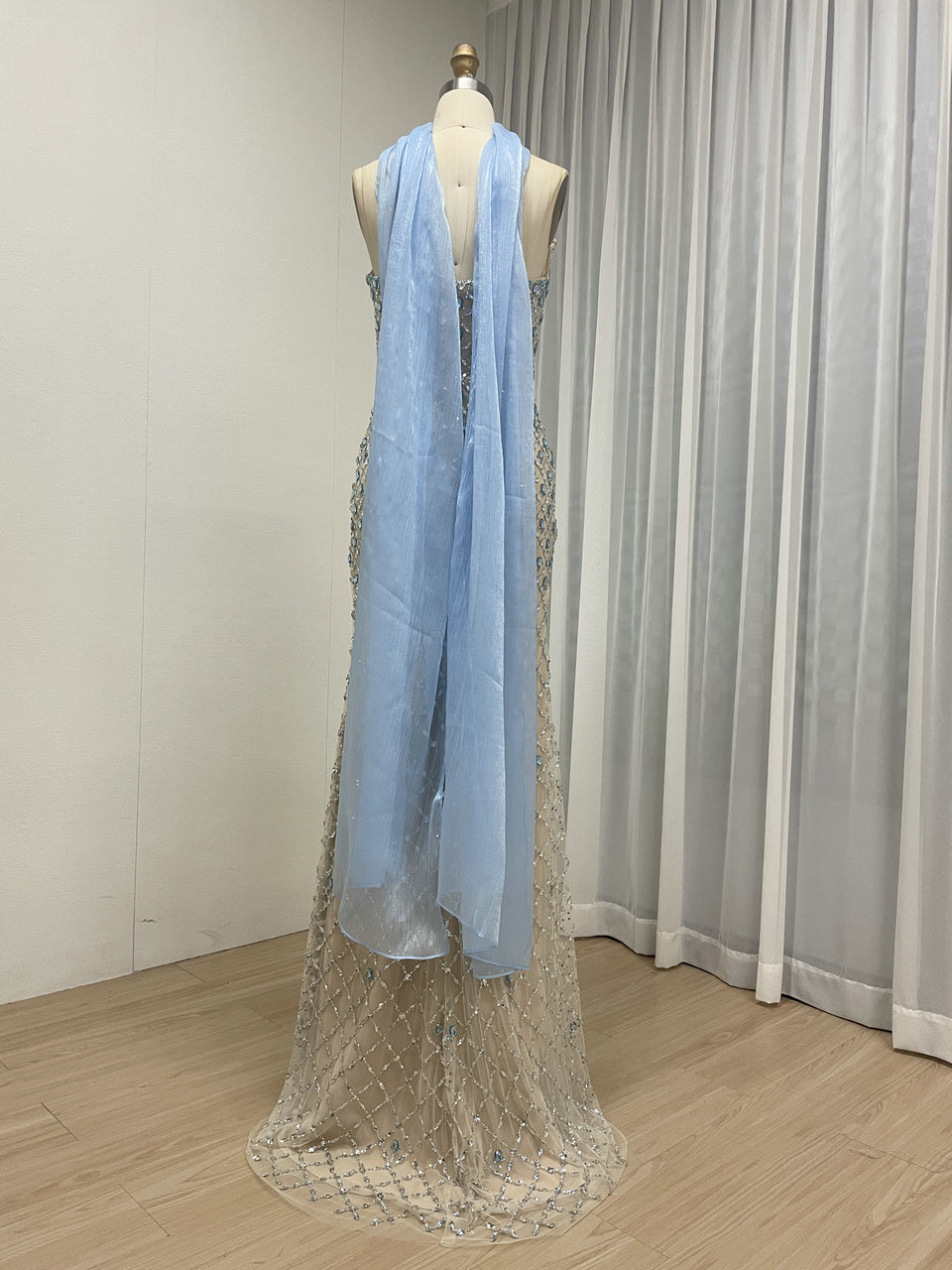 Champagne & Blue Beaded Strapless Evening Gown with Chiffon Neck Scarf MC20182