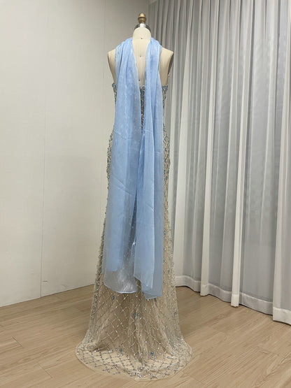 Champagne & Blue Beaded Strapless Evening Gown with Chiffon Neck Scarf MC20182