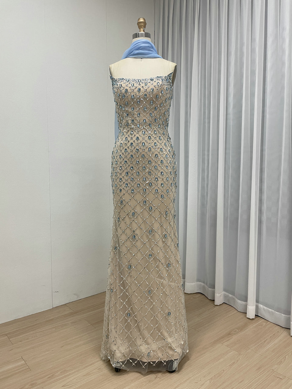 Champagne & Blue Beaded Strapless Evening Gown with Chiffon Neck Scarf MC20182