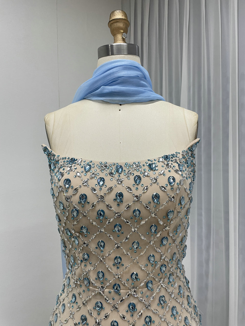 Champagne & Blue Beaded Strapless Evening Gown with Chiffon Neck Scarf MC20182
