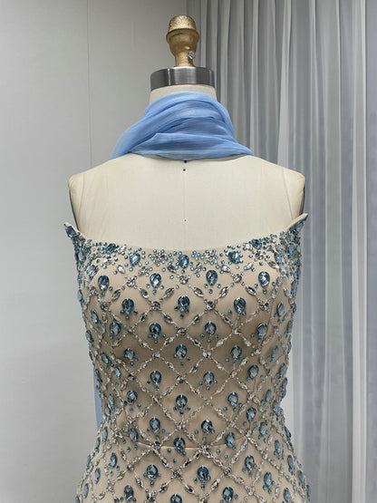 Champagne & Blue Beaded Strapless Evening Gown with Chiffon Neck Scarf MC20182