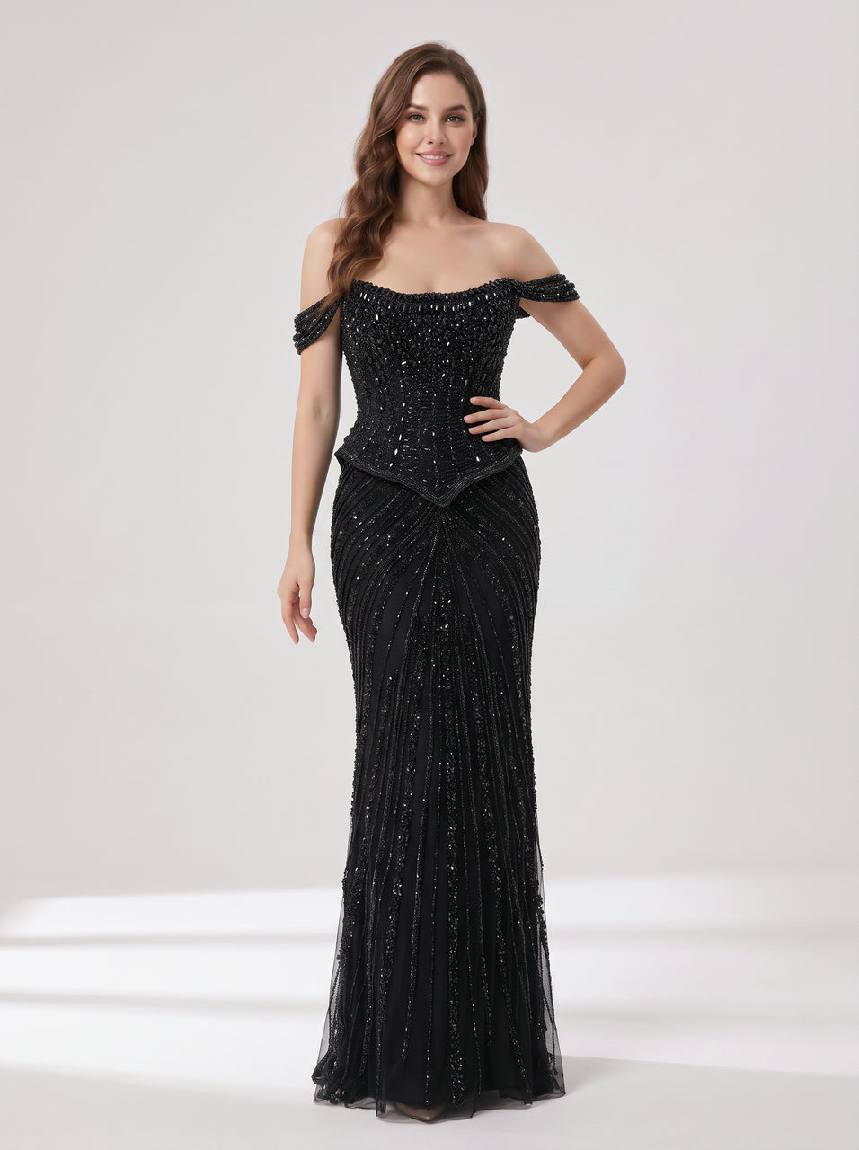 Black Beaded Evening Gown with Sheer Draped Cape Sleeves and Corset Bodice MC20187