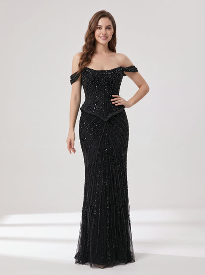 Black Beaded Evening Gown with Sheer Draped Cape Sleeves and Corset Bodice MC20187