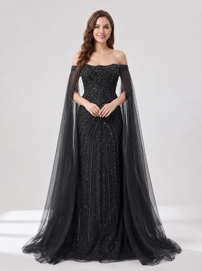 Black Beaded Evening Gown with Sheer Draped Cape Sleeves and Corset Bodice MC20187
