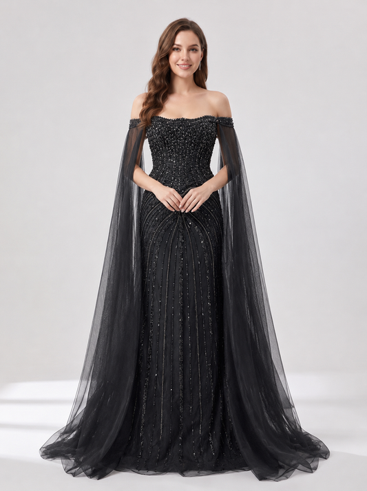 Black Beaded Evening Gown with Sheer Draped Cape Sleeves and Corset Bodice MC20187