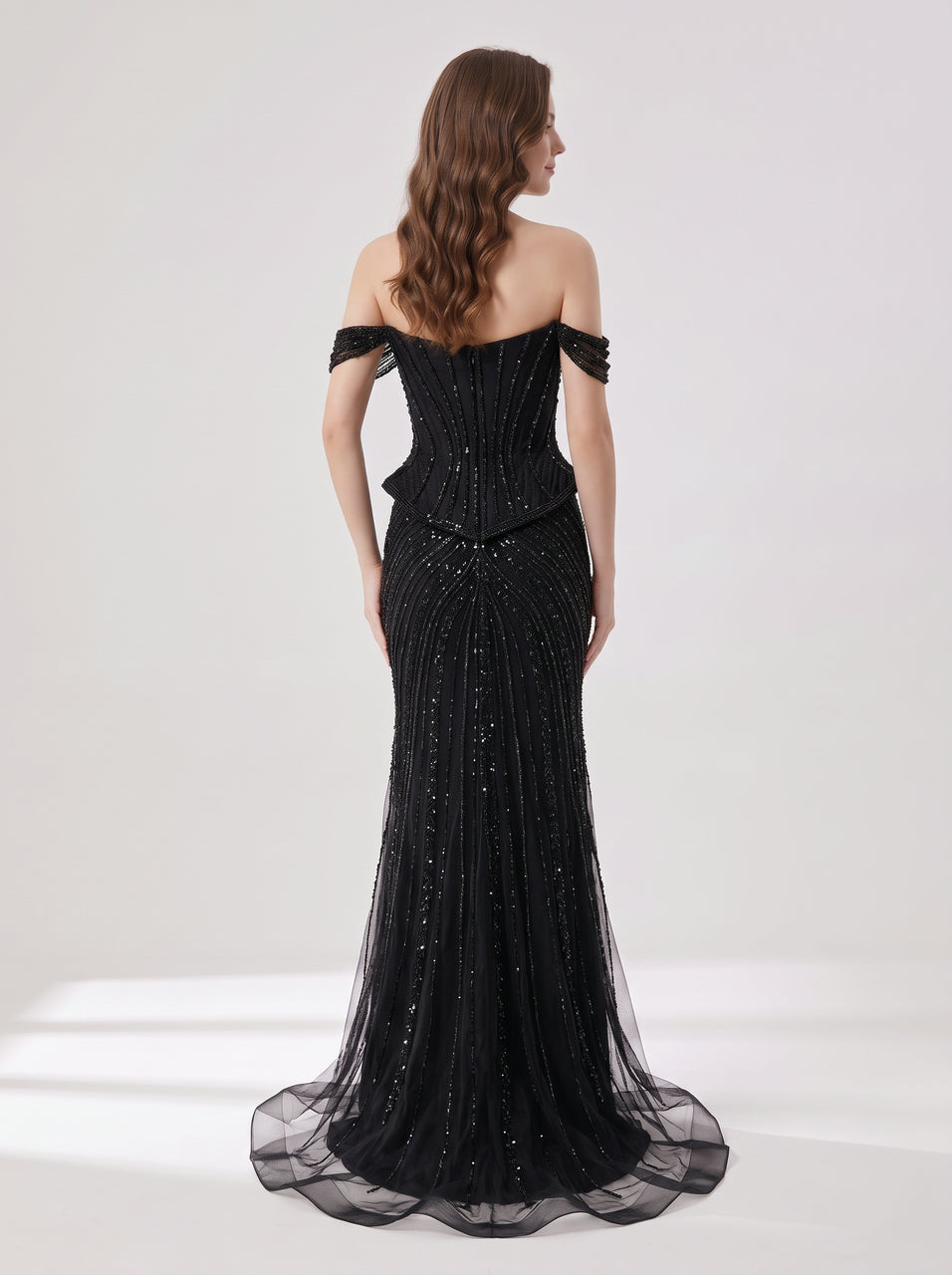 Black Beaded Evening Gown with Sheer Draped Cape Sleeves and Corset Bodice MC20187