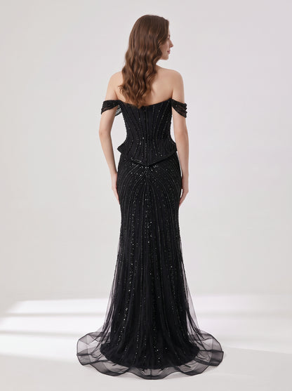 Black Beaded Evening Gown with Sheer Draped Cape Sleeves and Corset Bodice MC20187