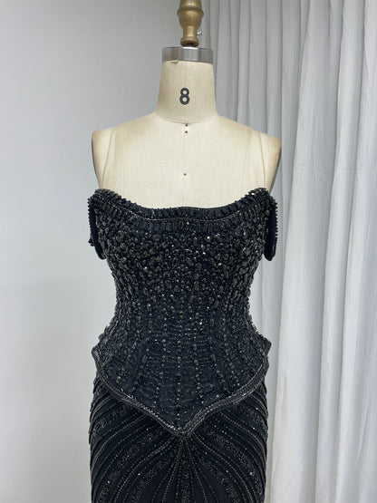 Black Beaded Evening Gown with Sheer Draped Cape Sleeves and Corset Bodice MC20187