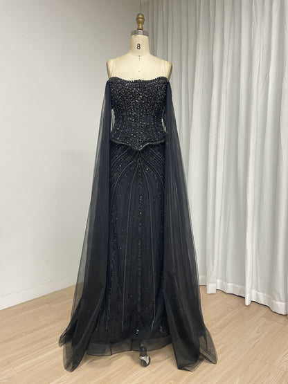 Black Beaded Evening Gown with Sheer Draped Cape Sleeves and Corset Bodice MC20187