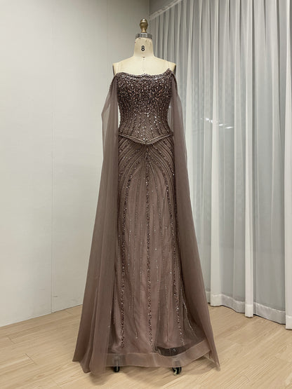 Black Beaded Evening Gown with Sheer Draped Cape Sleeves and Corset Bodice MC20187