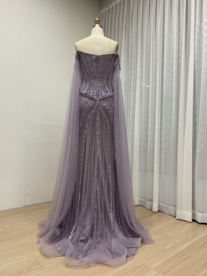 Black Beaded Evening Gown with Sheer Draped Cape Sleeves and Corset Bodice MC20187