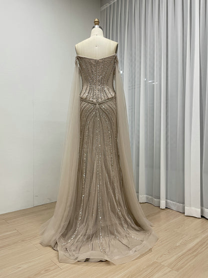Black Beaded Evening Gown with Sheer Draped Cape Sleeves and Corset Bodice MC20187