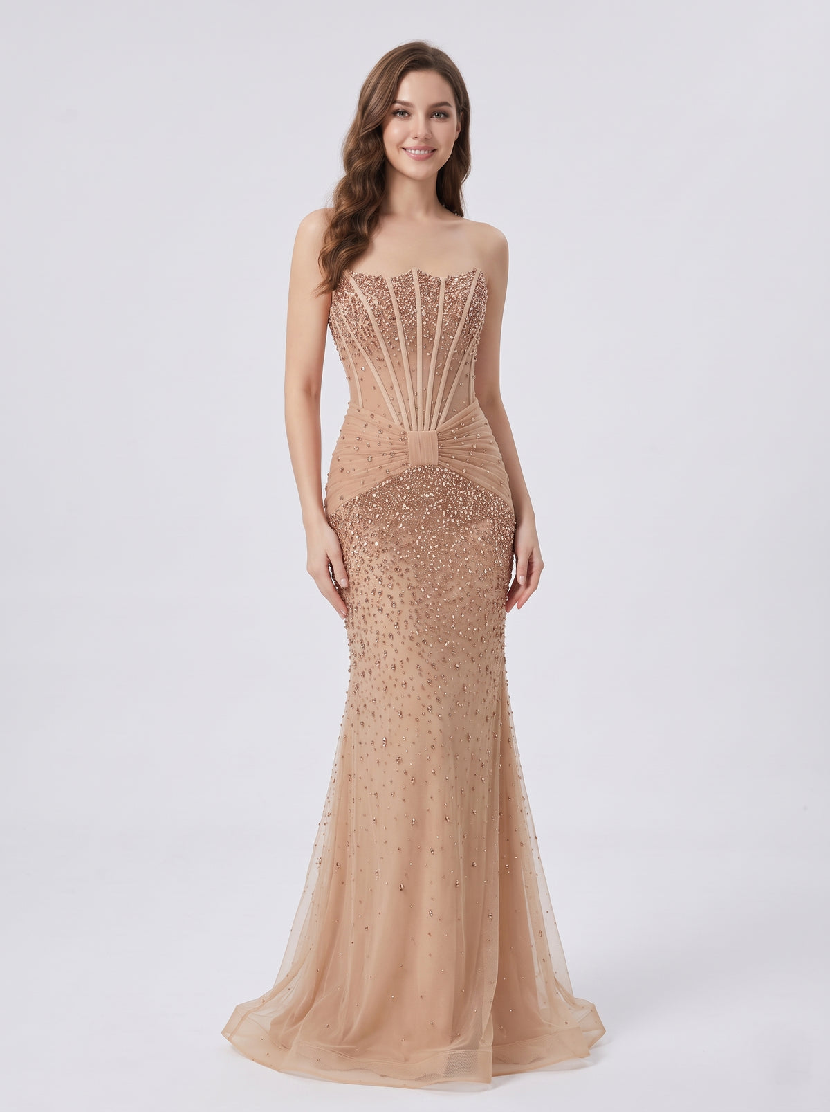 Champagne Strapless Beaded Corset Mermaid Evening Dress MC20192