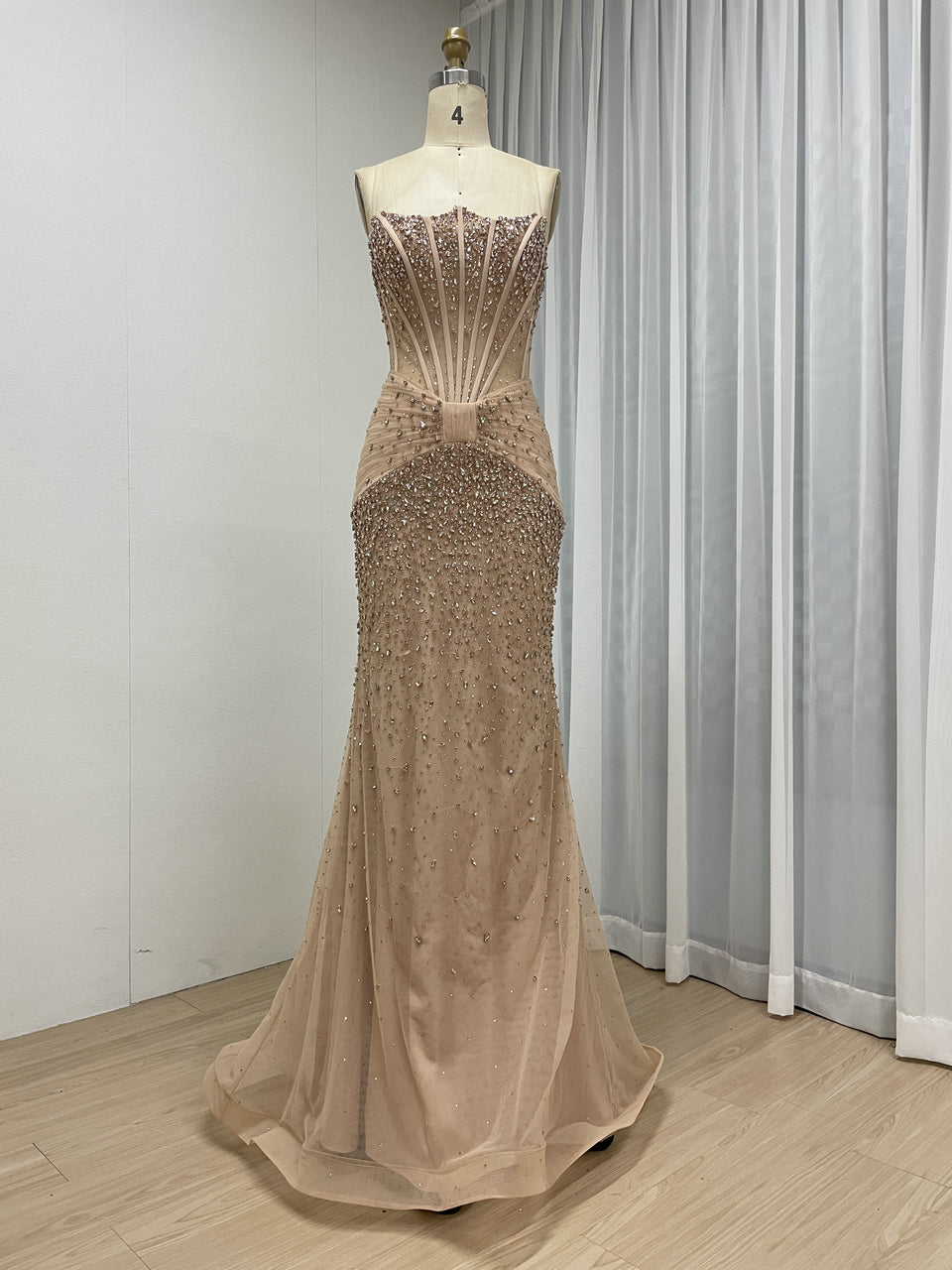 Champagne Strapless Beaded Corset Mermaid Evening Dress MC20192