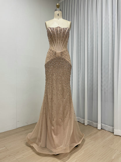 Champagne Strapless Beaded Corset Mermaid Evening Dress MC20192